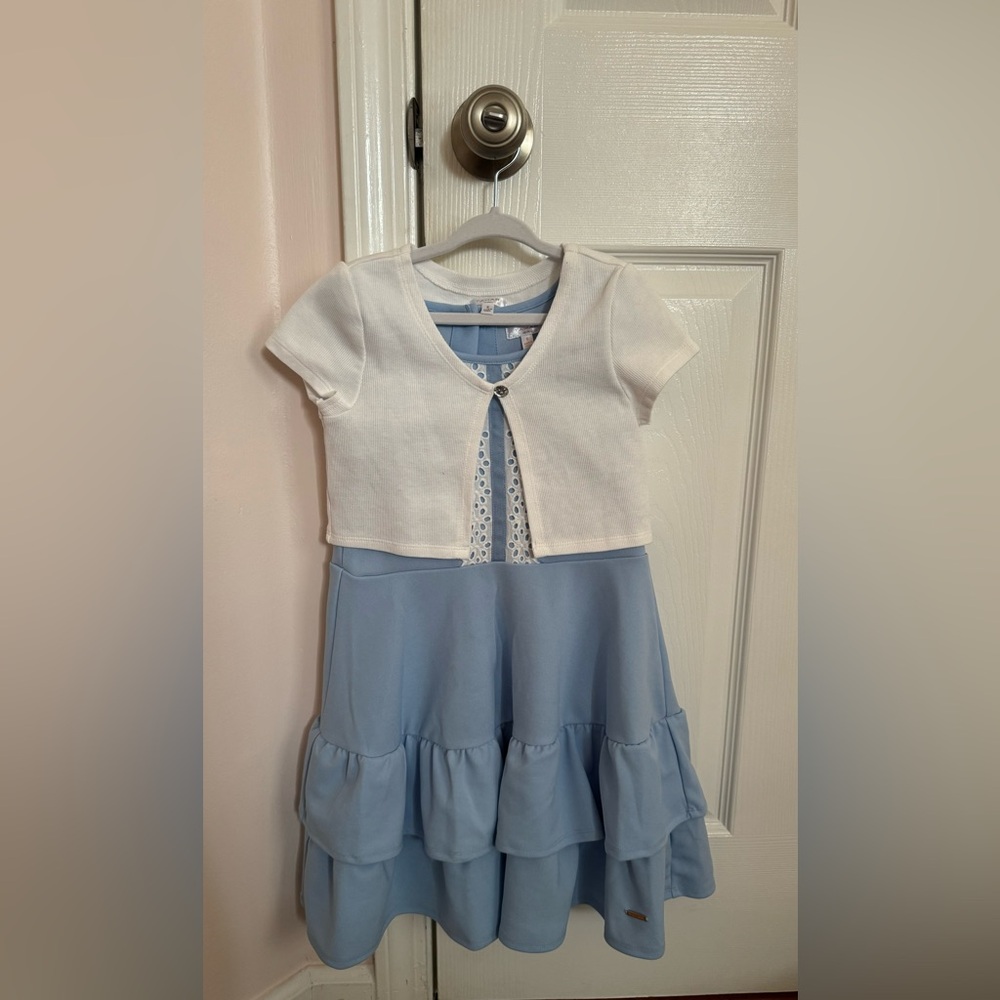 Tahari Blue Ponte Dress Size 6 Eyelet Lace With Vest for Girls